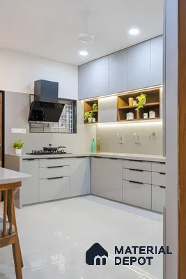 Modern Modular Kitchen With Dual-Tone Acrylic Finish And Open Shelving Accents | Material Depot