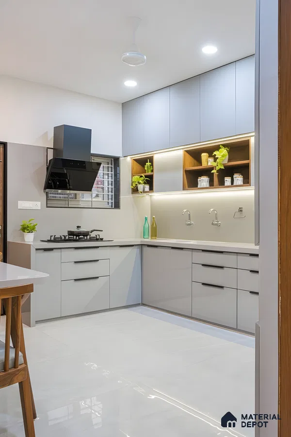 Modern Modular Kitchen With Dual-Tone Acrylic Finish And Open Shelving Accents | Material Depot