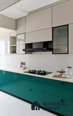 Modern Modular Kitchen with Teal Base Cabinets and Beige Overhead Units | Material Depot