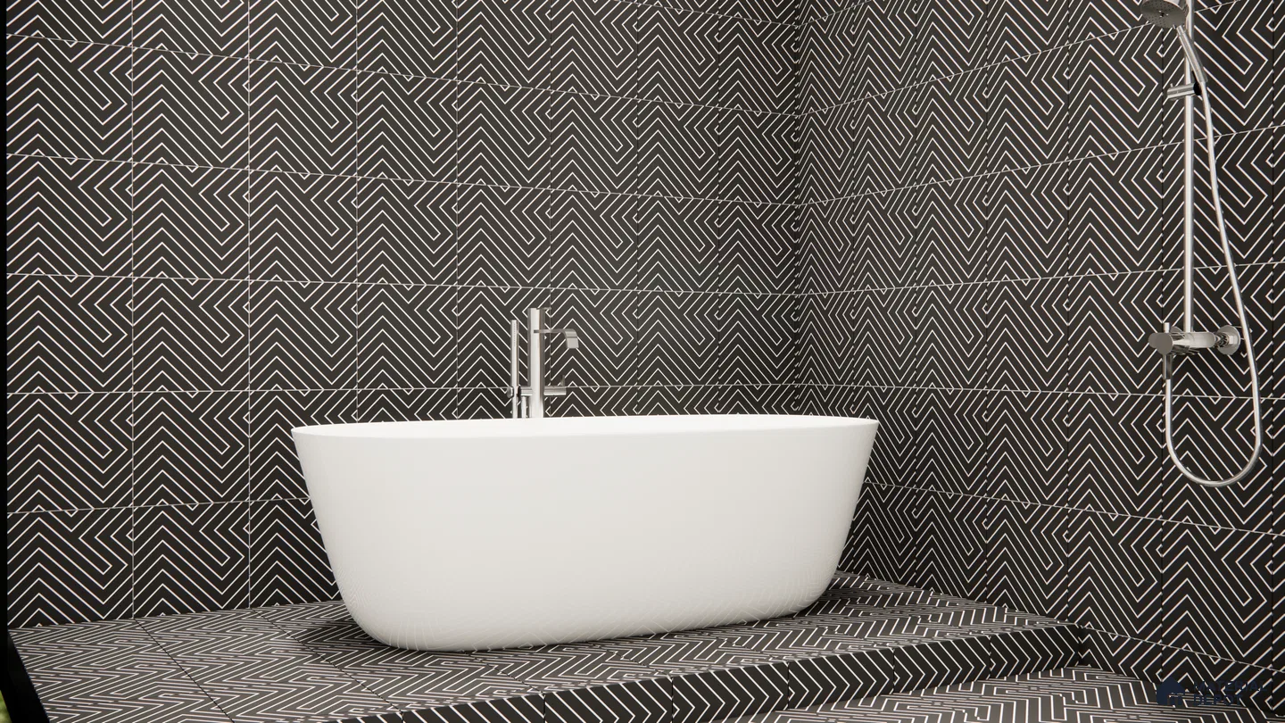 Modern Monochrome Bath Area with Chevron Tile Drama | Material Depot