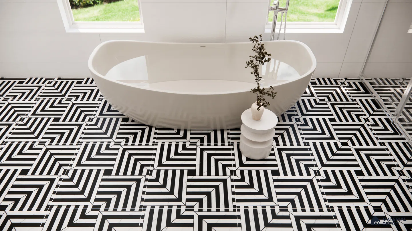 Modern Monochrome Bliss with Bold Geometric Floor Tiles | Material Depot