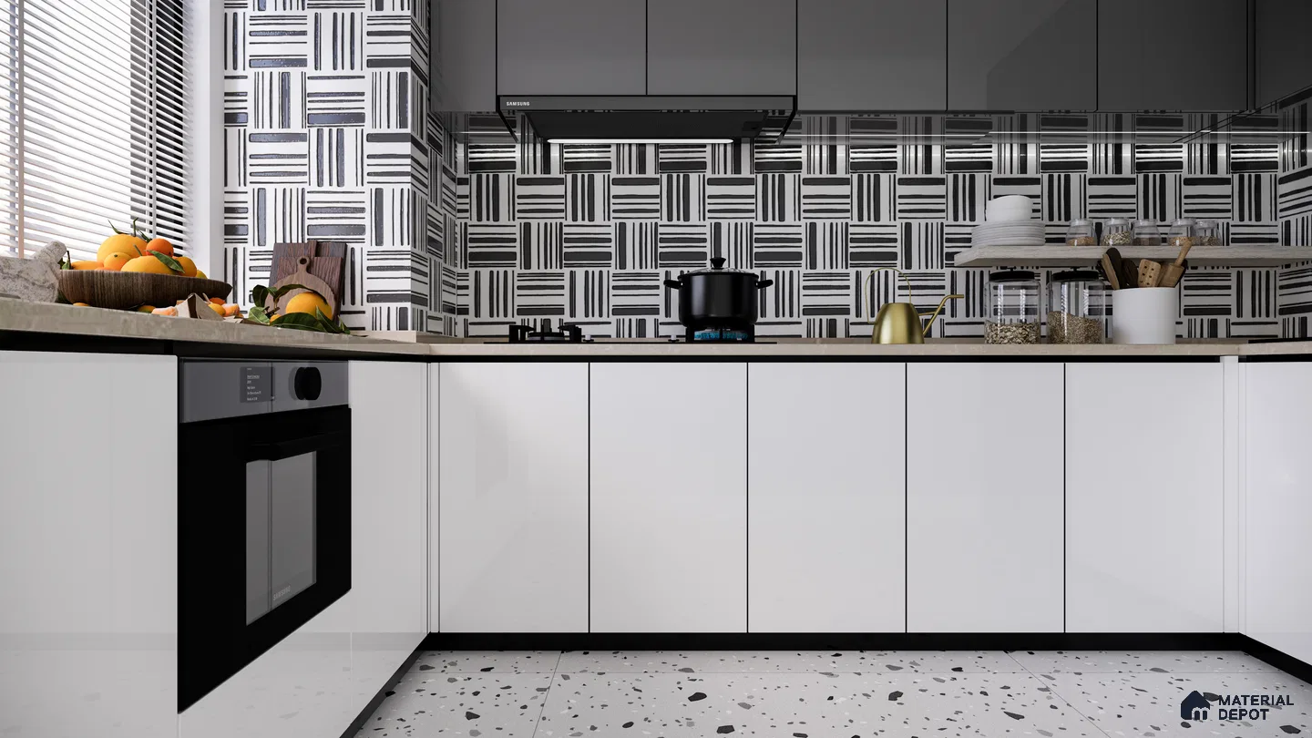 Modern Monochrome Kitchen with Bold Moroccan Backsplash | Material Depot