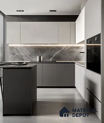 Modern Monochrome Kitchen with Marble Backsplash and Clean Lines | Material Depot