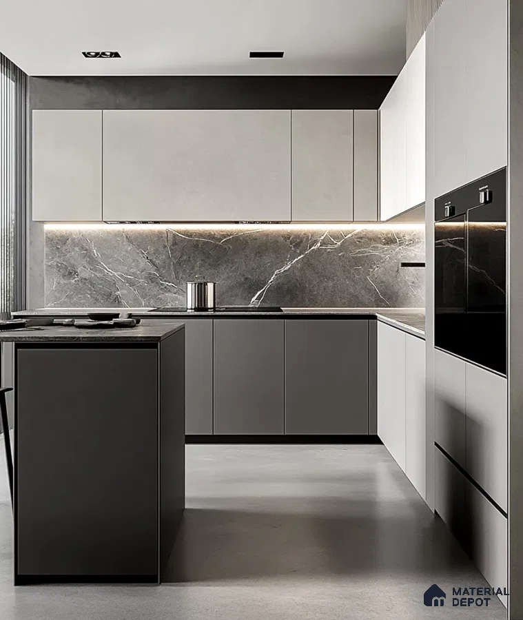 Modern Monochrome Kitchen with Marble Backsplash and Clean Lines | Material Depot