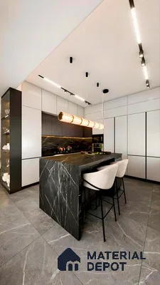 Modern Monochrome Kitchen with Sleek Black Marble Island and Contemporary Lighting | Material Depot