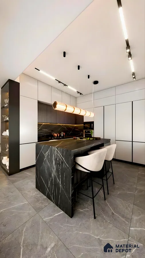 Modern Monochrome Kitchen with Sleek Black Marble Island and Contemporary Lighting | Material Depot
