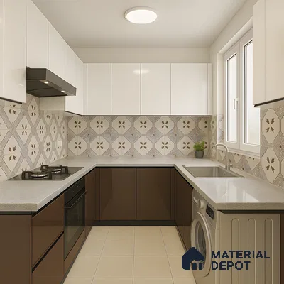 Modern Moroccan Fusion in U-Shaped Kitchen design with Moroccan Tiles and Brown Laminates in 2 bhk prestige lakeside, whitefield | Material Depot