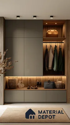 Modern Mudroom with Matte Cabinets and Wood Accents | Material Depot