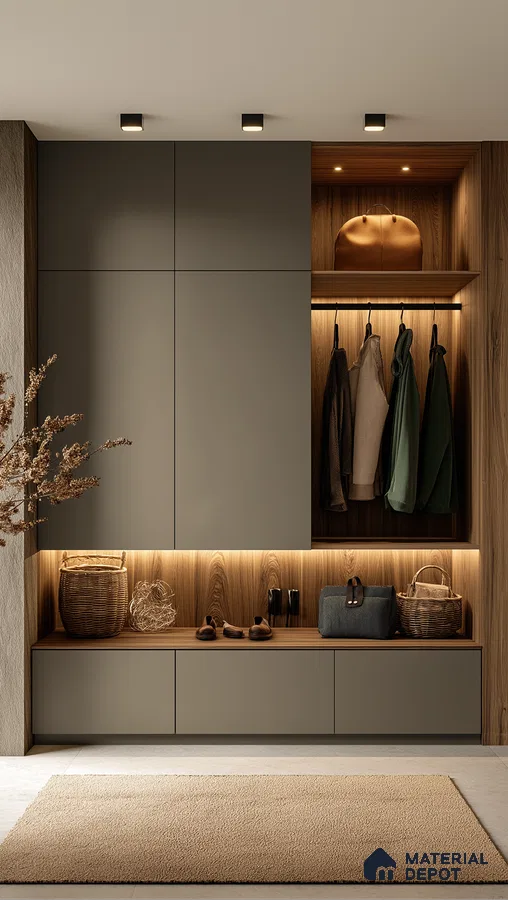 Modern Mudroom with Matte Cabinets and Wood Accents | Material Depot