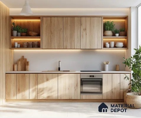 Modern Natural Oak Wooden Laminate Kitchen with Open Shelving | Material Depot