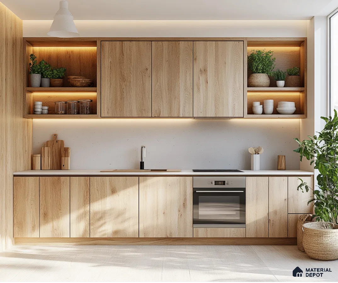 Modern Natural Oak Wooden Laminate Kitchen with Open Shelving | Material Depot