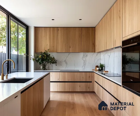 Modern Natural Wood Kitchen with White Accents and Marble Backsplash | Material Depot