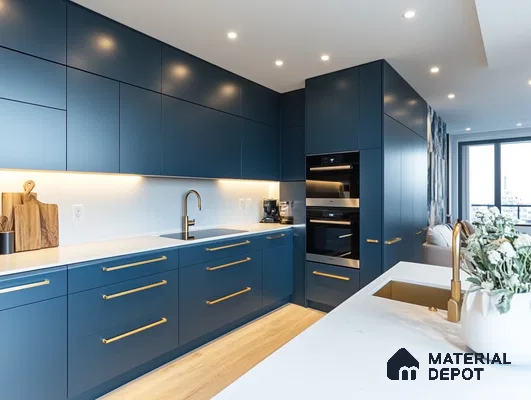Modern Navy Blue Kitchen with Elegant Brass Accents | Material Depot