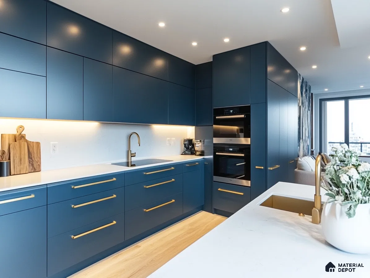 Modern Navy Blue Kitchen with Elegant Brass Accents | Material Depot
