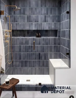 Modern Navy Blue Shower with Vertical Subway Tiles | Material Depot