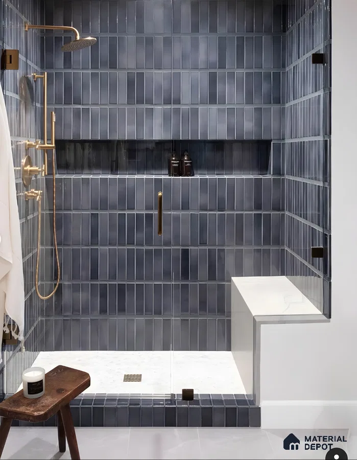 Modern Navy Blue Shower with Vertical Subway Tiles | Material Depot