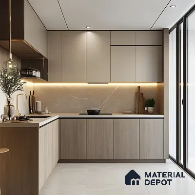 Modern Neutral-Toned Kitchen with Warm Lighting | Material Depot