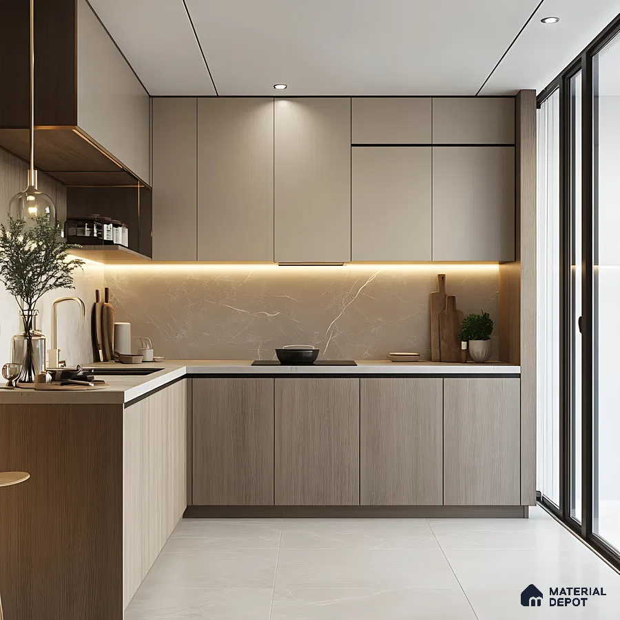 Modern Neutral-Toned Kitchen with Warm Lighting | Material Depot
