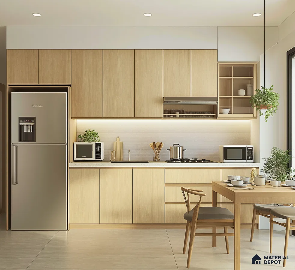 Modern Oak Wooden Laminate Kitchen Cabinets for Sleek and Functional Interiors | Material Depot