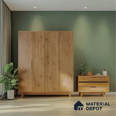 Modern Oak Wooden Laminate Wardrobe and Chest for Minimalist Bedroom | Material Depot