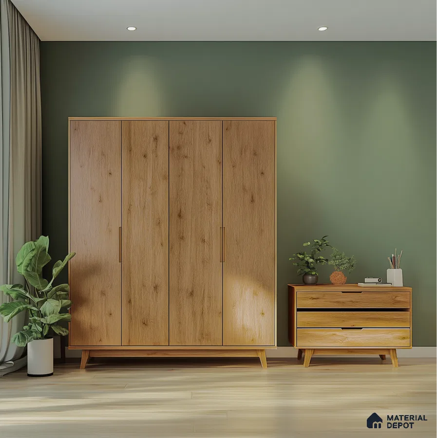 Modern Oak Wooden Laminate Wardrobe and Chest for Minimalist Bedroom | Material Depot