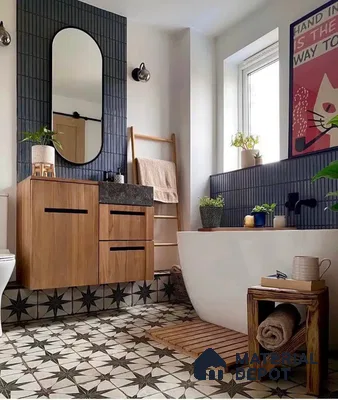 Modern Oasis: Sleek Wooden Vanity and Star-Patterned Tile Bathroom | Material Depot