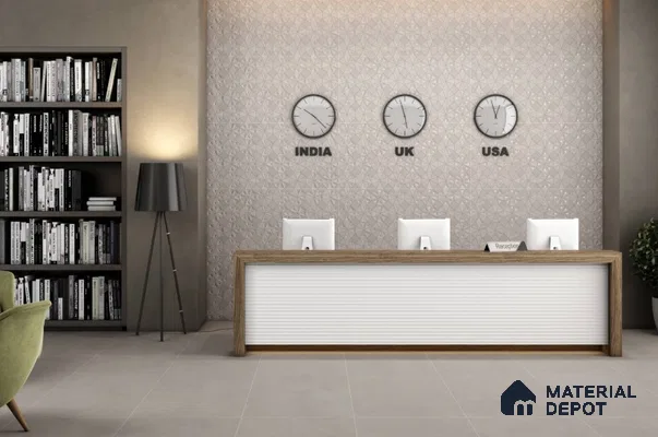 Modern Office Reception with Grey 3D Accent Wall and Minimalist Interiors – Elegant & Professional | Material Depot