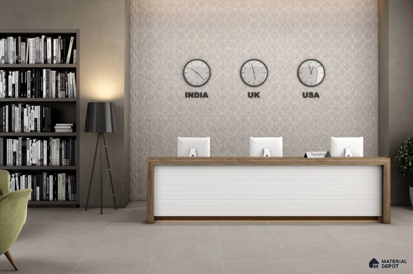 Modern Office Reception with Grey 3D Accent Wall and Minimalist Interiors – Elegant & Professional | Material Depot