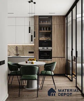 Modern Open-Plan Kitchen with Round Dining Table and Sliding Glass Doors | Material Depot