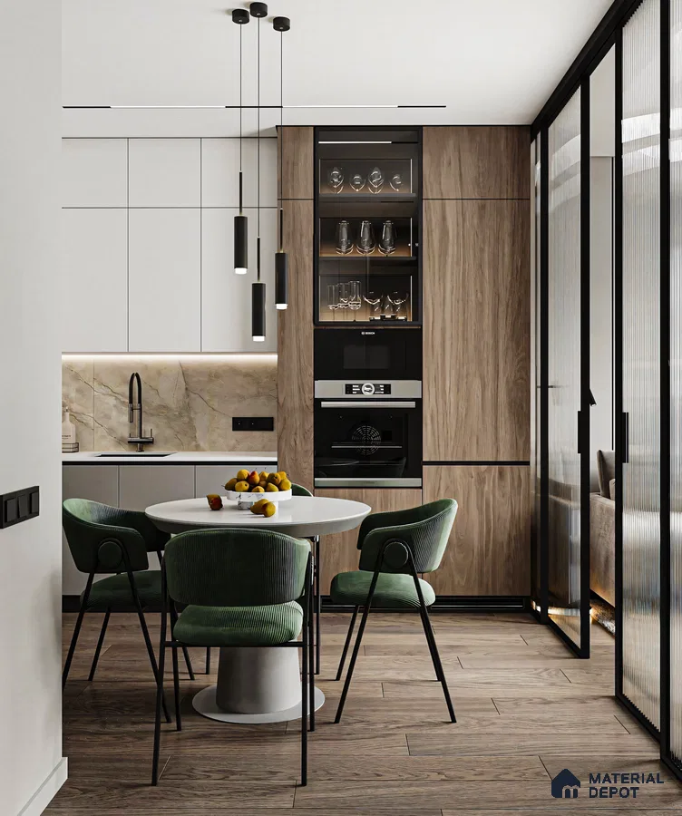 Modern Open-Plan Kitchen with Round Dining Table and Sliding Glass Doors | Material Depot