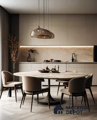 Modern Open-Plan Kitchen with Round Marble Dining Table | Material Depot