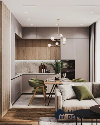 Modern Open-Plan Living Space with Gray Cabinets and Round Dining Table | Material Depot