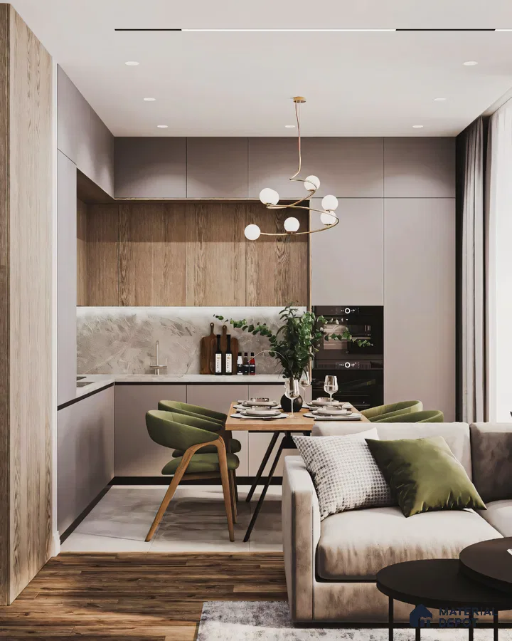 Modern Open-Plan Living Space with Gray Cabinets and Round Dining Table | Material Depot