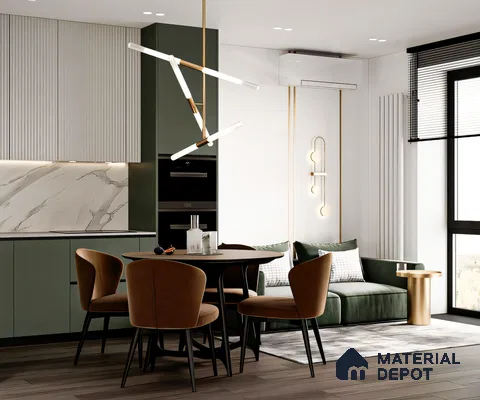 Modern Open-Plan Living Space with Green Cabinets and Round Dining Table | Material Depot