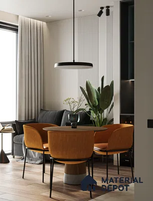 Modern Open-Plan Living Space with Round Dining Table and Orange Chairs | Material Depot