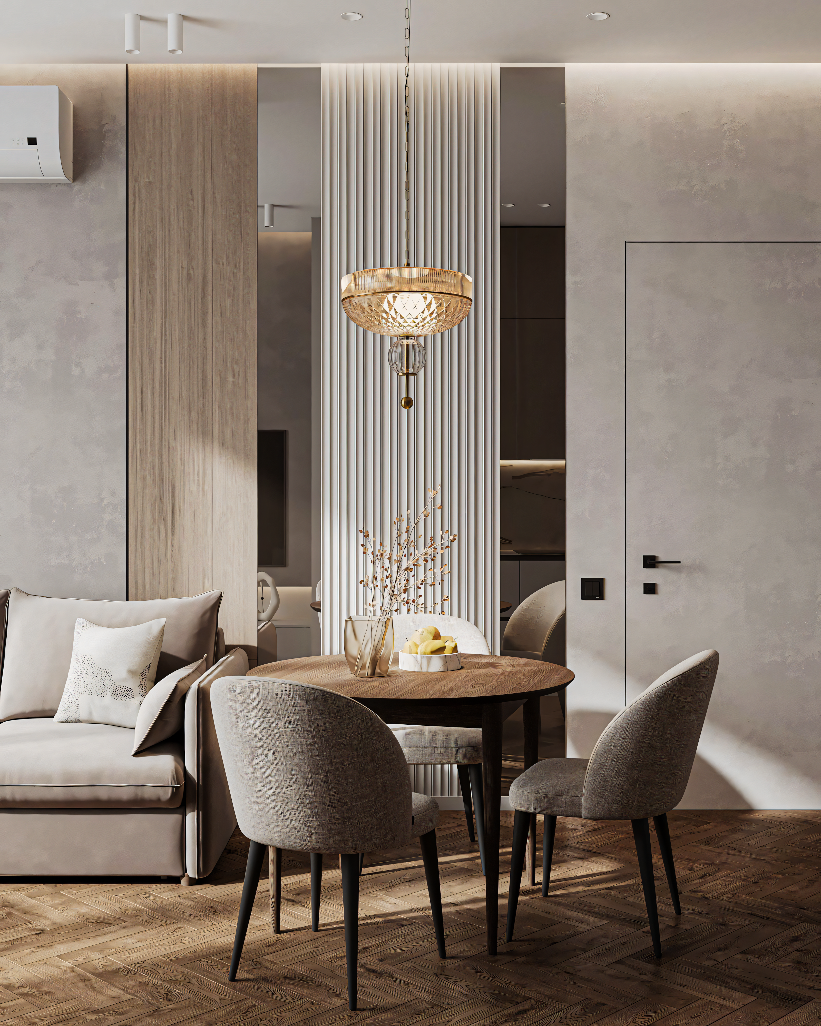 Modern Open-Plan Living Space with Round Dining Table and Wooden Chairs | Material Depot