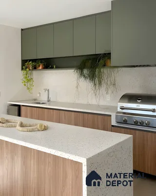 Modern Outdoor Kitchen with Terrazzo Countertops and Green Cabinetry | Material Depot
