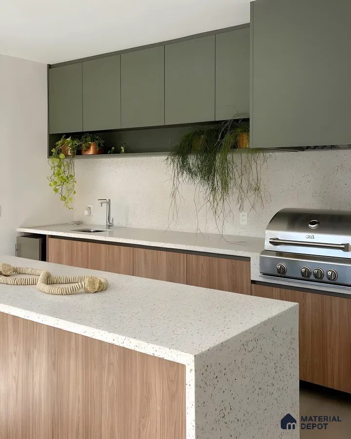 Modern Outdoor Kitchen with Terrazzo Countertops and Green Cabinetry | Material Depot