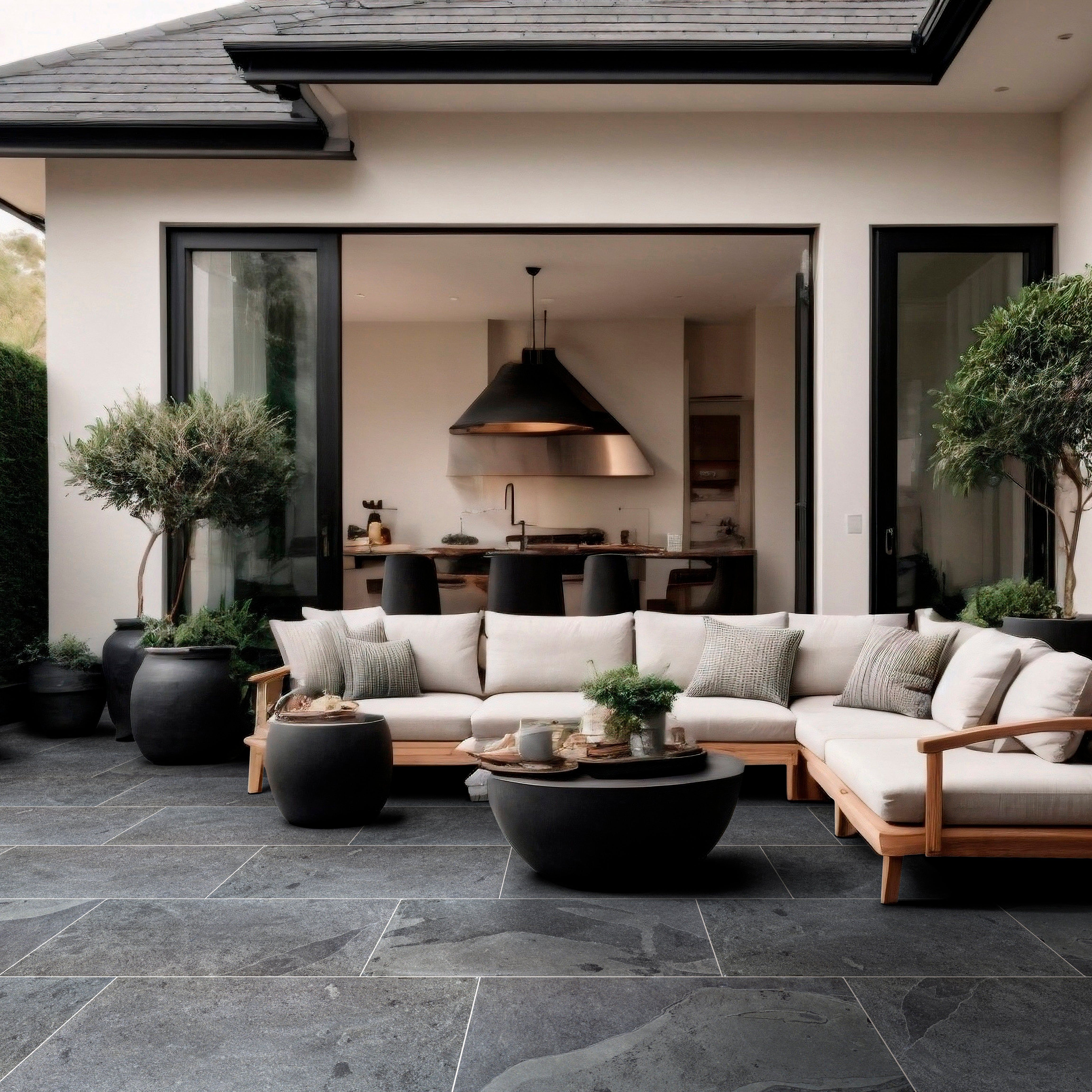Modern Outdoor Living Space with Elegant Slate Flooring and Cozy Seating Arrangement | Material Depot