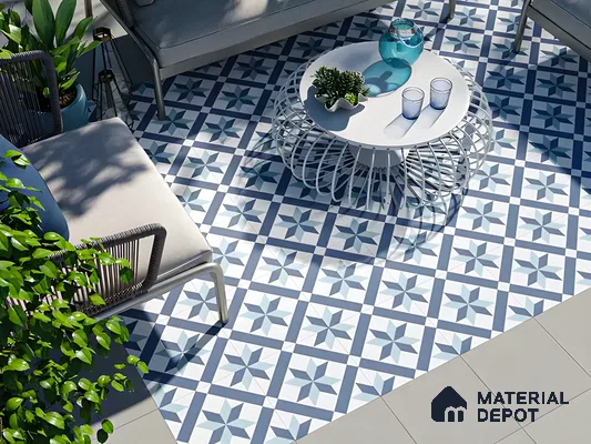 Modern Outdoor Living Space with Geometric Patterned Tiles | Material Depot