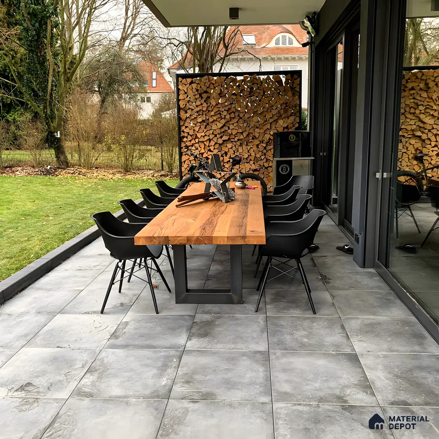 Modern Outdoor Living Space with Gray Porcelain Tiles | Material Depot