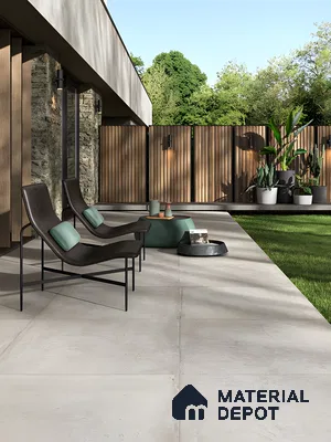 Modern Outdoor Living Space with Gray Porcelain Tiles | Material Depot
