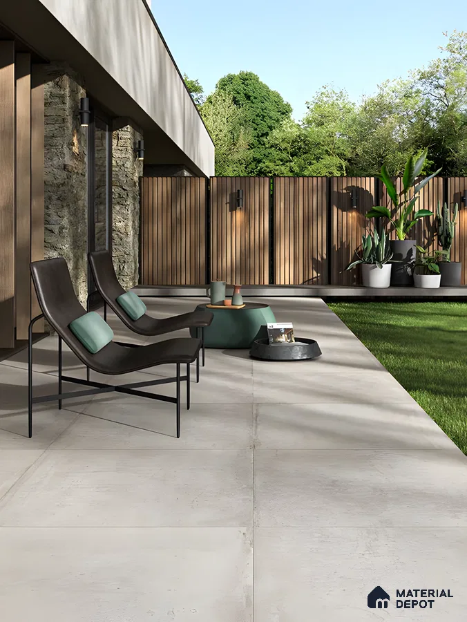 Modern Outdoor Living Space with Gray Porcelain Tiles | Material Depot