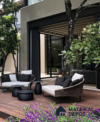 Modern Outdoor Living Space with Wood Deck and Stone Tiles | Material Depot