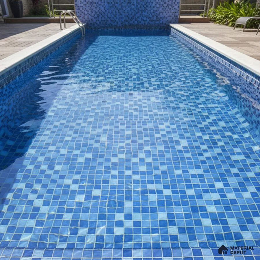 Modern outdoor pool with blue mosaic tiles and geometric pattern