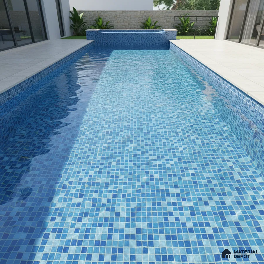 Modern outdoor pool with blue mosaic tiles and light grey stone deck