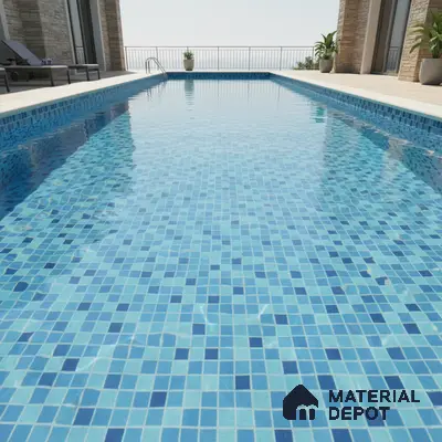 Modern outdoor pool with blue mosaic tiles and stone cladding