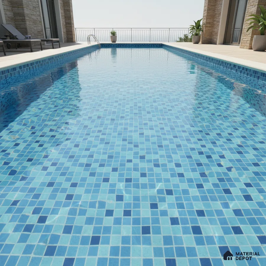Modern outdoor pool with blue mosaic tiles and stone cladding