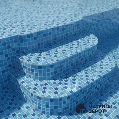 Modern outdoor pool with blue mosaic tiles on steps and floor