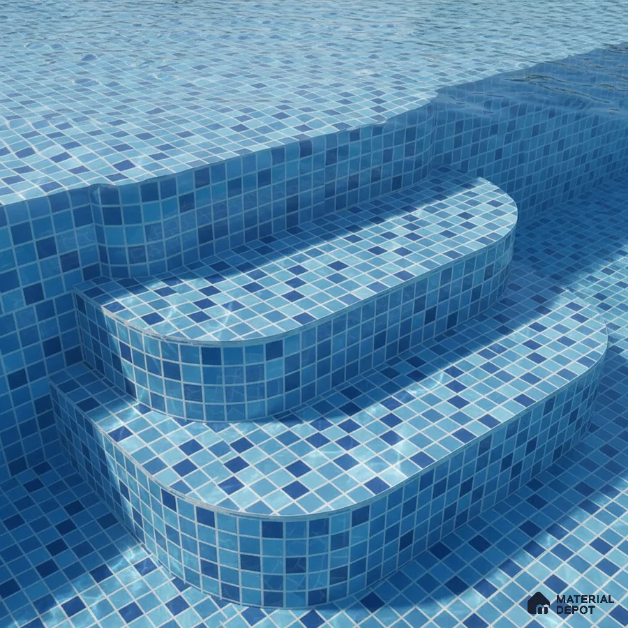 Modern outdoor pool with blue mosaic tiles on steps and floor